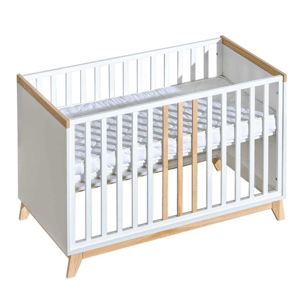 Cozy Leni - NORDIK | Babybett 120 × 60 mit ausziehbaren Gitterstäben und Sofafunktion | Eschenholz + weiß - Betten & Bettgestelle