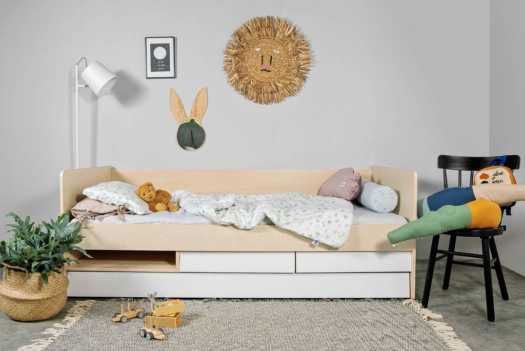 Cozy Leni - SO SIXTY Kinderbett 90 x 200 mit 2 kleinen Schubfächern & 1 großen Schublade für Gästebett | Weiß & Birke